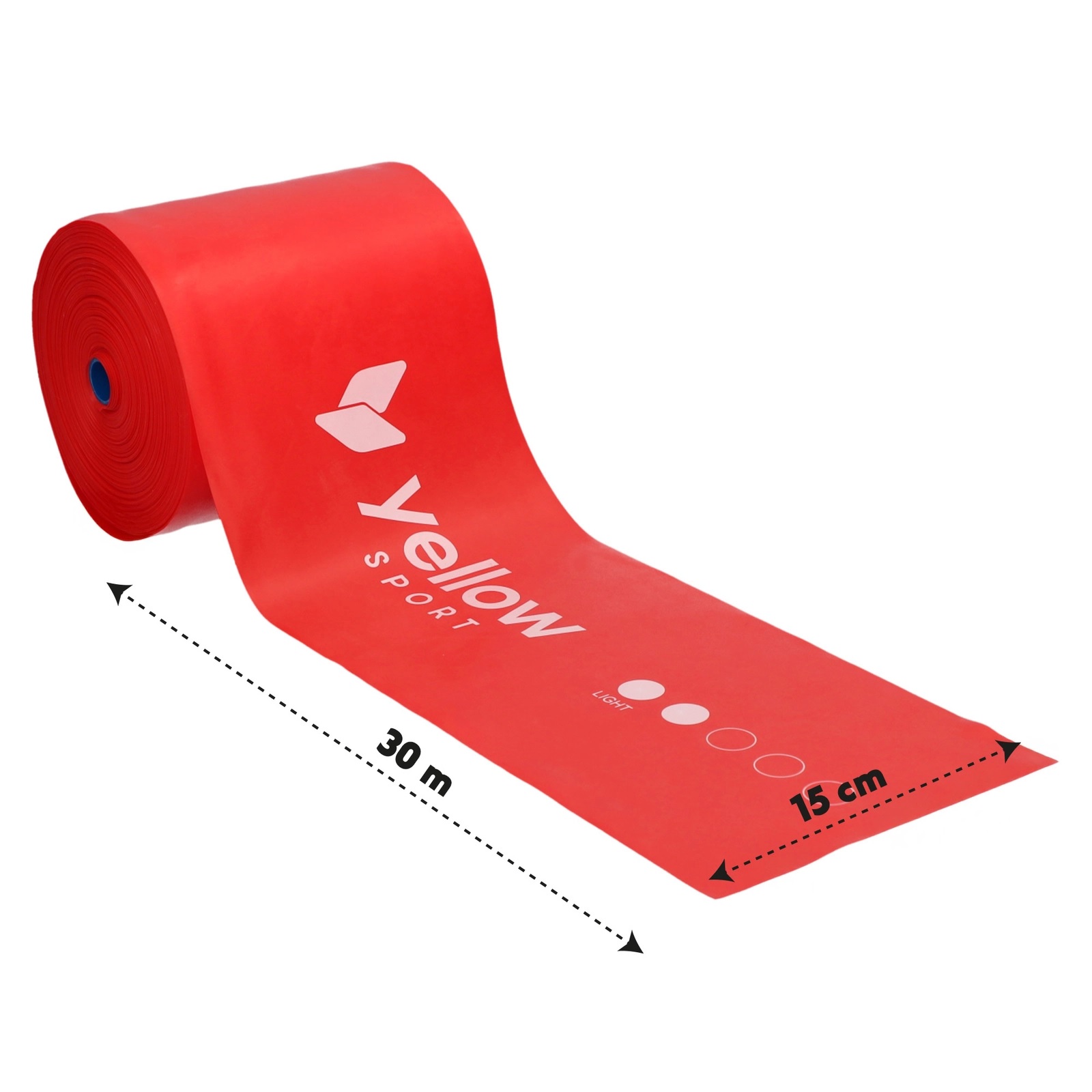 elasticni_trak_30m_8 - fizio trgovina red rolled banner unspooling to reveal length markings (30 m and 15 cm) and velocity sports logo/branding.