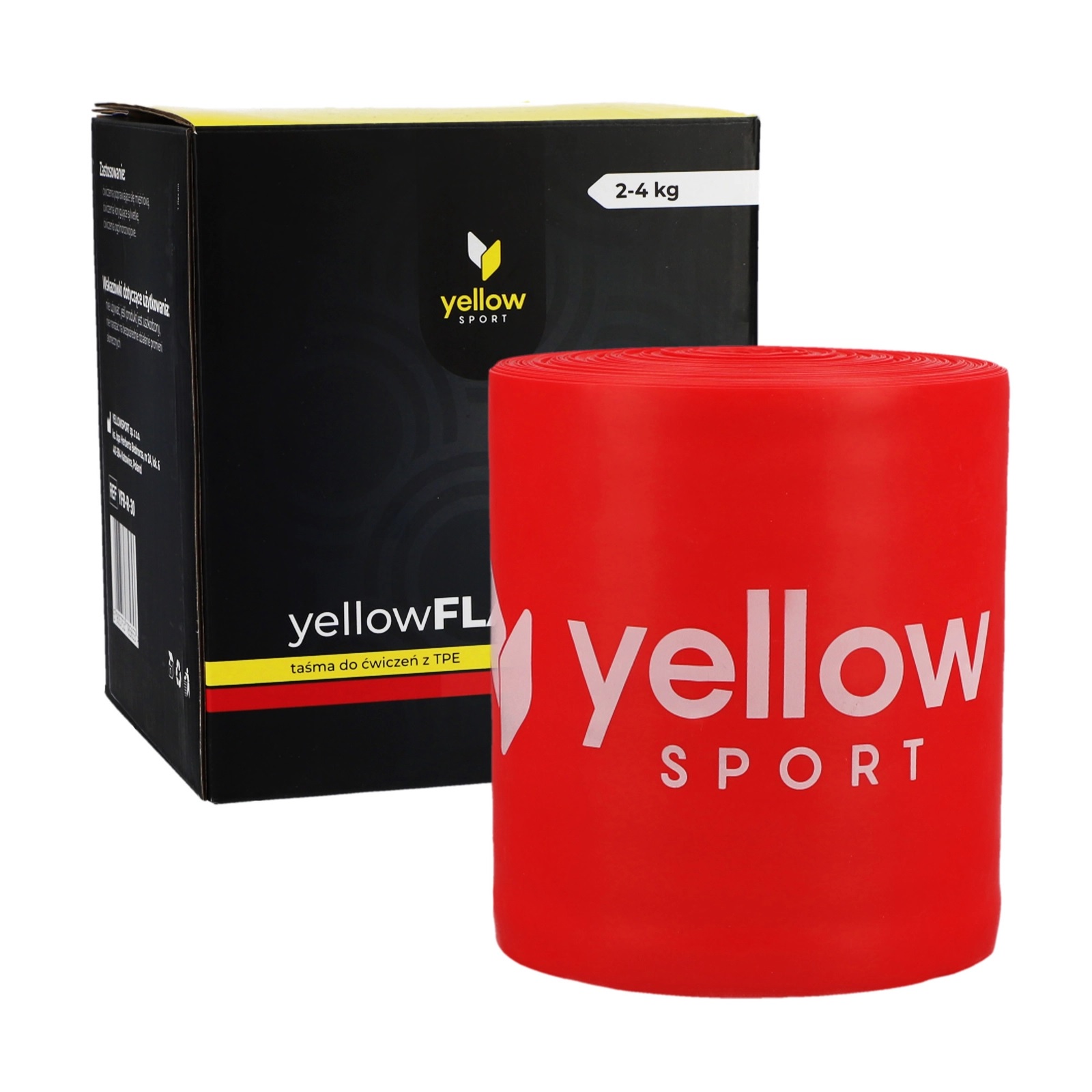 elasticni_trak_30m_9 - fizio trgovina red foam roller in front of a black yellow sport box with a yellow label and '2-4 kg' on the box edge.