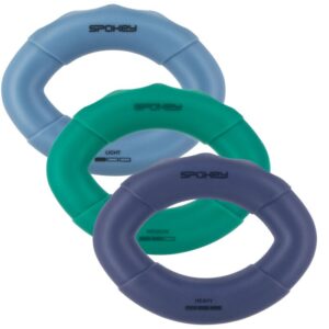 Three colored exercise resistance rings (blue, green, and purple) labeled light, medium, and heavy.