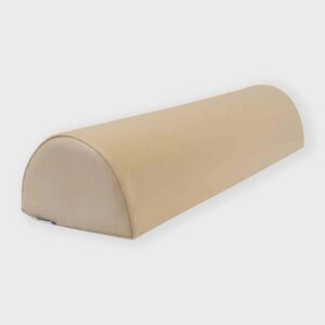 Beige yoga bolster with rounded ends, used for stretching and support during exercises.