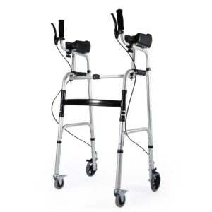 Two-forearm crutch walker with wheels and a black seat, a mobility aid for standing and walking.