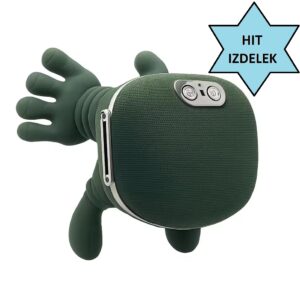 Green portable fabric Bluetooth speaker with two arm-like appendages and a blue starburst badge that reads 'HIT IZDELEK'.
