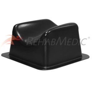 Black plastic rehab support device with a curved, raised center and a flat, wide base, used for patient positioning during therapy.