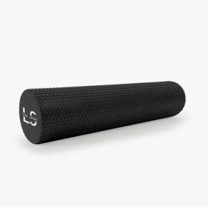 Black textured foam roller lying on its side, with a raised dot pattern for按摩/foam rolling; end cap shows the brand 'L3 Line Sport'.