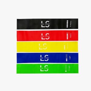 Five resistance bands stacked in black, red, yellow, blue, and green with LINE SPORT branding and weight labels (X-Heavy to X-Light).